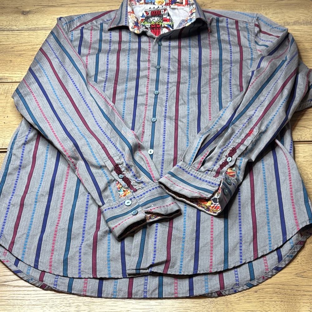 Men’s Robert Graham Embroidered Striped Button Up Shirt Size Medium